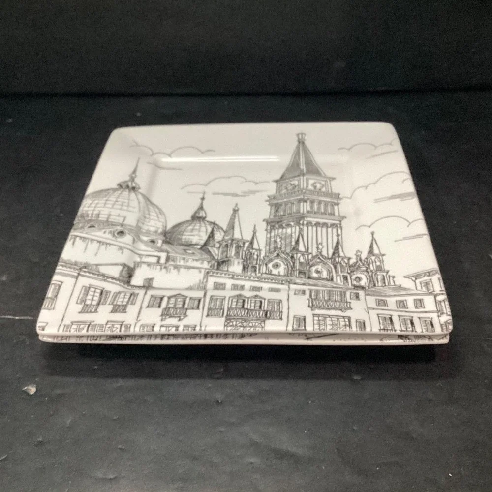 222 Fifth City Scenes Salad Plates, Set of 2, Vintage Square Dishes, Tableware